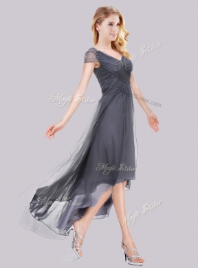 2016 Lovely Beaded Decorated Short Sleeves High Low Grey New Bridesmaid Dresses