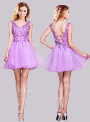 2016 Popular V Neck Organza Backless Applique and Lace New Bridesmaid Dresses in Lilac