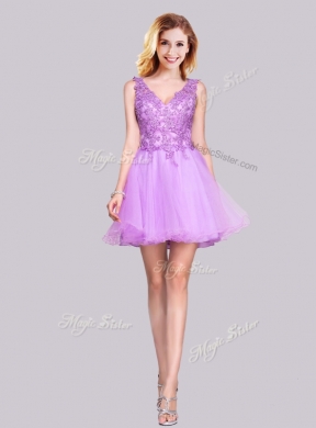 2016 Popular V Neck Organza Backless Applique and Lace New Bridesmaid Dresses in Lilac