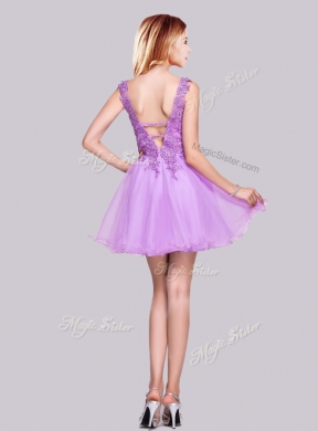 2016 Popular V Neck Organza Backless Applique and Lace New Bridesmaid Dresses in Lilac