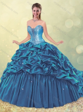 Elegant Puffy Skirt Beaded Teal Quinceanera Dress with Brush Train MDCSJQDDT490002