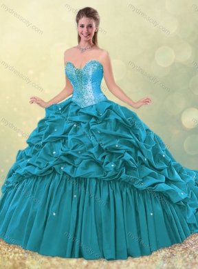 Elegant Puffy Skirt Beaded Teal Quinceanera Dress with Brush Train MDCSJQDDT490002