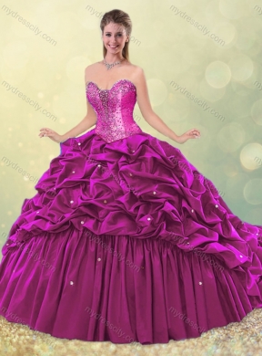 Elegant Puffy Skirt Beaded Teal Quinceanera Dress with Brush Train MDCSJQDDT490002