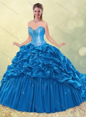 Elegant Puffy Skirt Beaded Teal Quinceanera Dress with Brush Train MDCSJQDDT490002