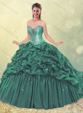 Elegant Puffy Skirt Beaded Teal Quinceanera Dress with Brush Train MDCSJQDDT490002