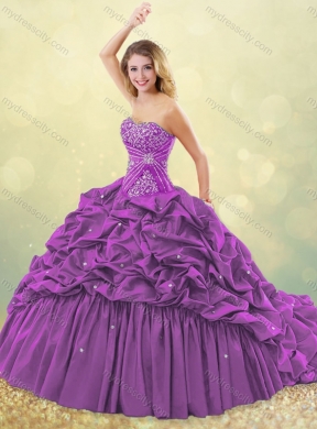 Popular Big Puffy Brush Train Taffeta Quinceanera Dress in Purple