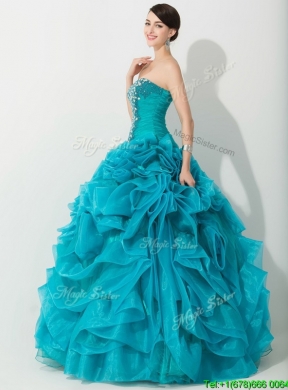 Princess Teal Sweet 16 Dress with Beading and Rolling Flowers