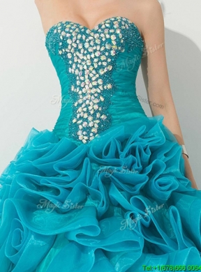 Princess Teal Sweet 16 Dress with Beading and Rolling Flowers