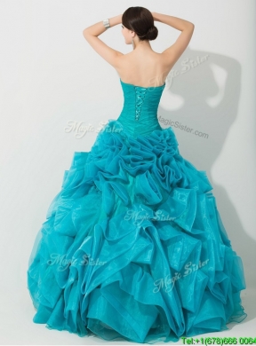 Princess Teal Sweet 16 Dress with Beading and Rolling Flowers