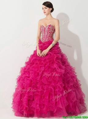 Visible Boning Hot Pink Quinceanera Gown with Beading and Ruffles