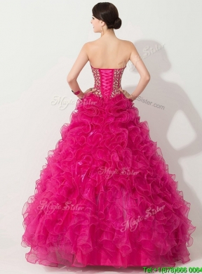 Visible Boning Hot Pink Quinceanera Gown with Beading and Ruffles