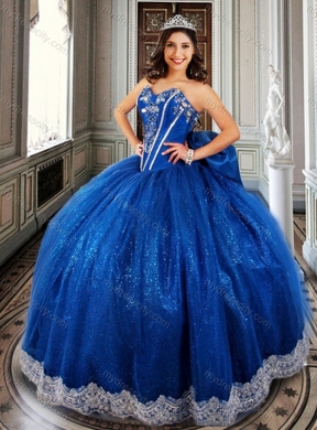 Ball Gown Beaded Royal Blue Sweet 16 Dress with Appliques and Bowknot