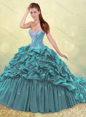 Beautiful Brush Train Teal Quinceanera Dress with Beading and Bubbles