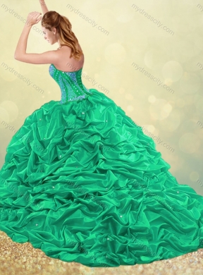 Beautiful Brush Train Teal Quinceanera Dress with Beading and Bubbles