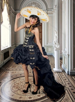 Two For One Taffeta Beaded and Applique Black Sweet 16 Dress with Brush Train