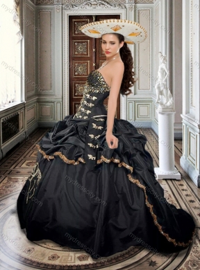 Two For One Taffeta Beaded and Applique Black Sweet 16 Dress with Brush Train