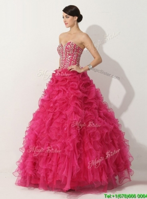 Visible Boning Hot Pink Quinceanera Gown with Beading and Ruffles