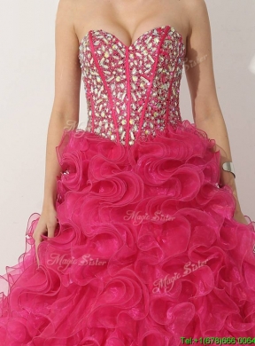 Visible Boning Hot Pink Quinceanera Gown with Beading and Ruffles