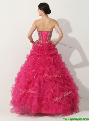 Visible Boning Hot Pink Quinceanera Gown with Beading and Ruffles