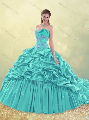 Exquisite Brush Train Taffeta Quinceanera Dress in Aqua Blue