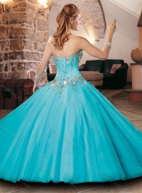 Latest  Visible Boning Tulle Beaded Quinceanera Dress in Aqua Blue