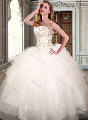 Simple Strapless White Quinceanera Dresses with Appliques and Beading