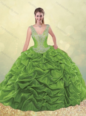 Unique Beaded Bodice Straps Taffeta Quinceanera Dress with Bubbles