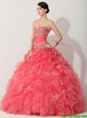 Unique Princess Coral Red Sweet 16 Dress with Beading and Ruffles