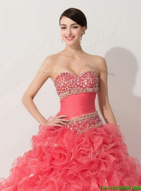 Unique Princess Coral Red Sweet 16 Dress with Beading and Ruffles