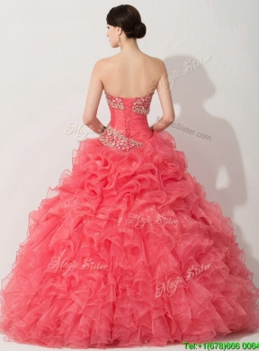 Unique Princess Coral Red Sweet 16 Dress with Beading and Ruffles