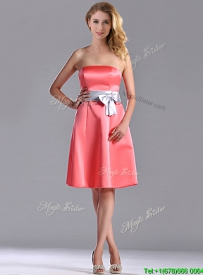 Best Selling Watermelon Knee Length Dama Dress with Silver Bowknot