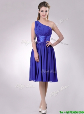 Elegant One Shoulder Chiffon Blue Dama Dress with Side Zipper