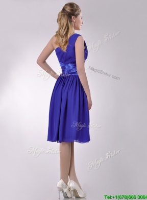 Elegant One Shoulder Chiffon Blue Dama Dress with Side Zipper