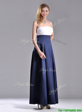 Elegant Strapless Ankle Length Dama Dress in Navy Blue and White