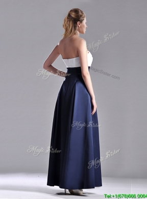 Elegant Strapless Ankle Length Dama Dress in Navy Blue and White