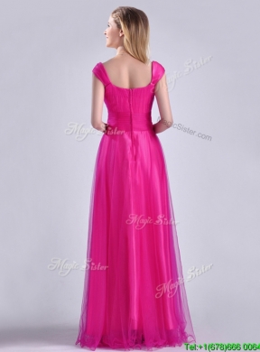 Exclusive Organza Beaded Top Hot Pink Dama Dress with Cap Sleeves