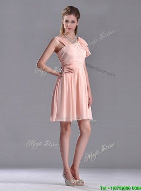 Simple Empire Ruched Peach Dama Dress with Asymmetrical Neckline