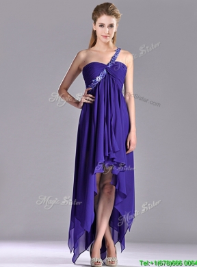 Cheap High Low One Shoulder Criss Cross Prom Dress with Beading