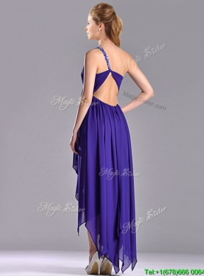 Cheap High Low One Shoulder Criss Cross Prom Dress with Beading