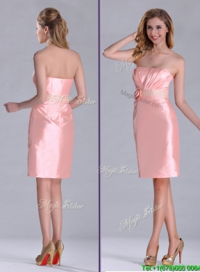 Cheap Strapless Hand Crafted Flower Peach Bridesmaid  Dress in Satin