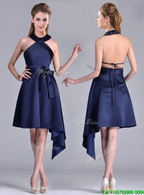 Elegant Halter Top Asymmetrical Navy Blue Prom Dress in Satin