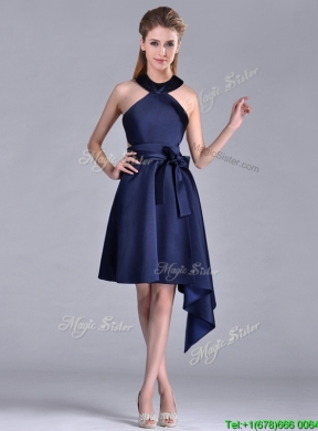 Elegant Halter Top Asymmetrical Navy Blue Prom Dress in Satin