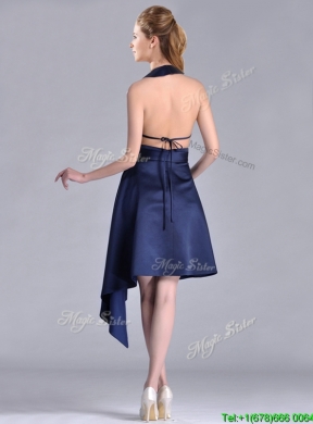 Elegant Halter Top Asymmetrical Navy Blue Prom Dress in Satin