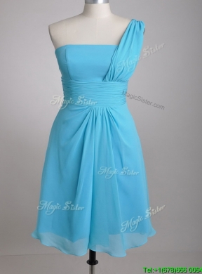 Elegant One Shoulder Ruched Chiffon Bridesmaid  Dress in Aqua Blue