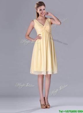 Empire Light Yellow V Neck Knee Length Short  Dama Dress with Ruching