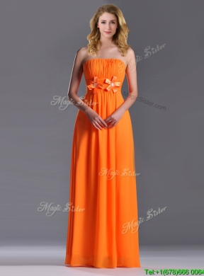 Empire Strapless Ruching Chiffon Long Dama Dress in Orange