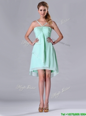 Empire Straps Apple Green Ruching Short Dama Dress in Chiffon