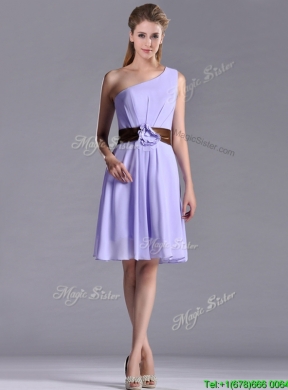 Exclusive One Shoulder Lavender Short Dama Dress with Brown Belt