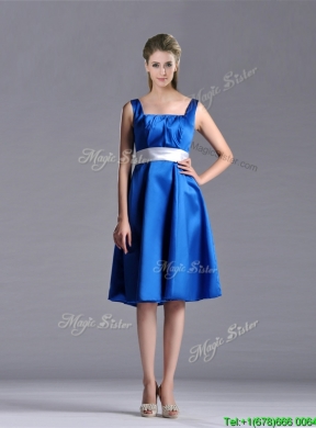 Exquisite Empire Square Taffeta Blue Prom Dress with White Belt