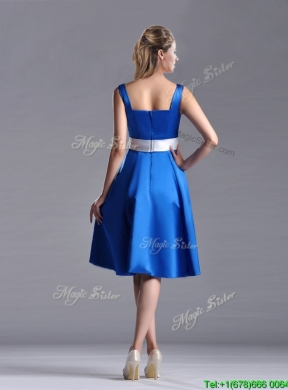 Exquisite Empire Square Taffeta Blue Prom Dress with White Belt